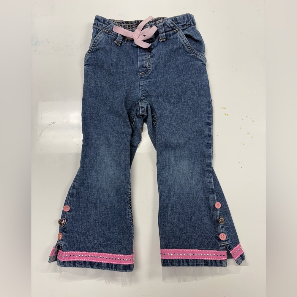 Kids Denim Jeans, w/ pink & white hand embellishments - size 2 T